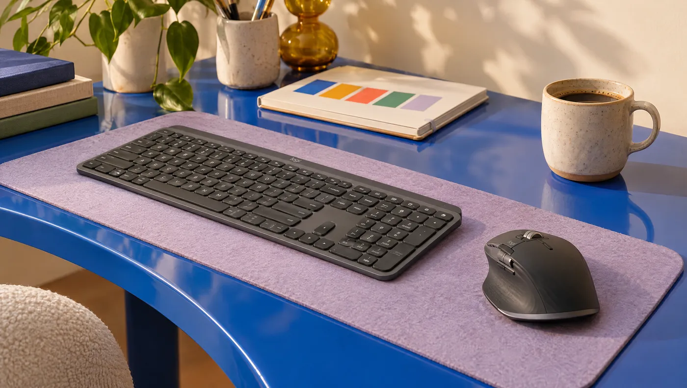 The desk: keyboard, mouse and colour swatches on a blue desk