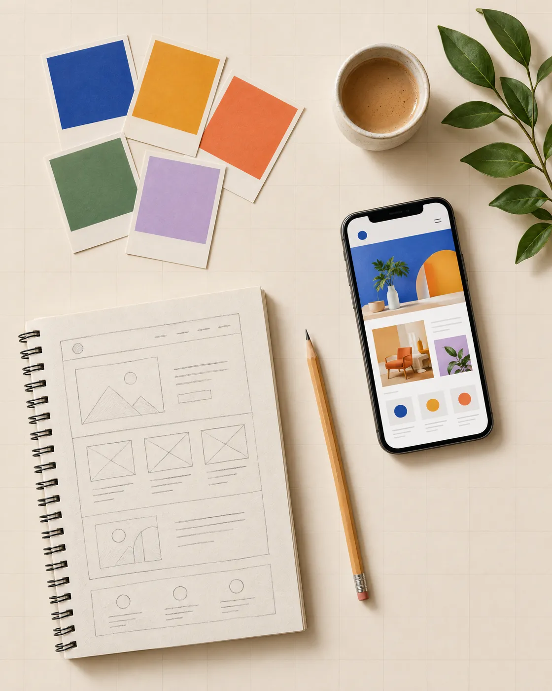 Moodboard with colour swatches, wireframes and a phone