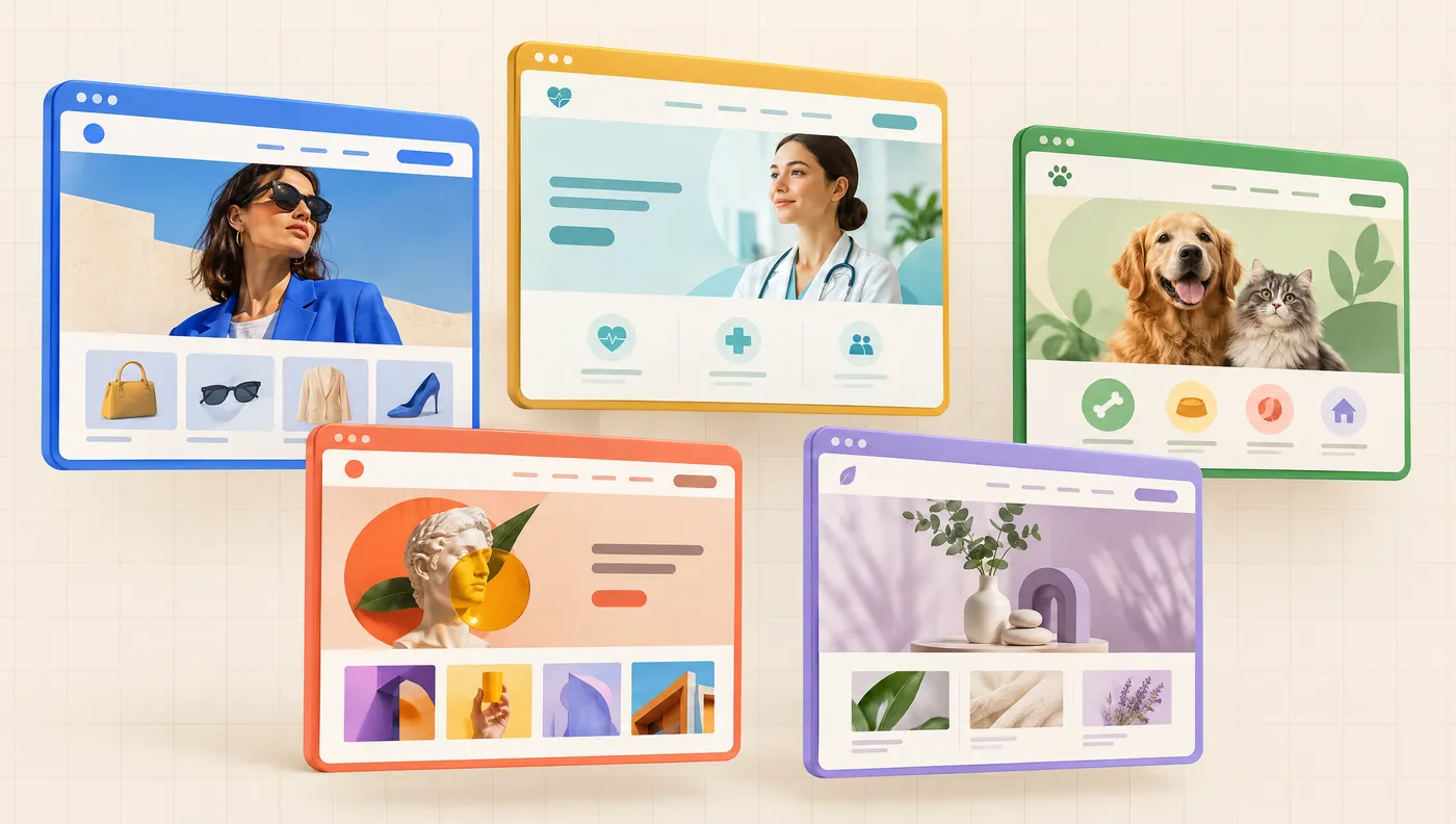 Floating browser windows showing different brand websites