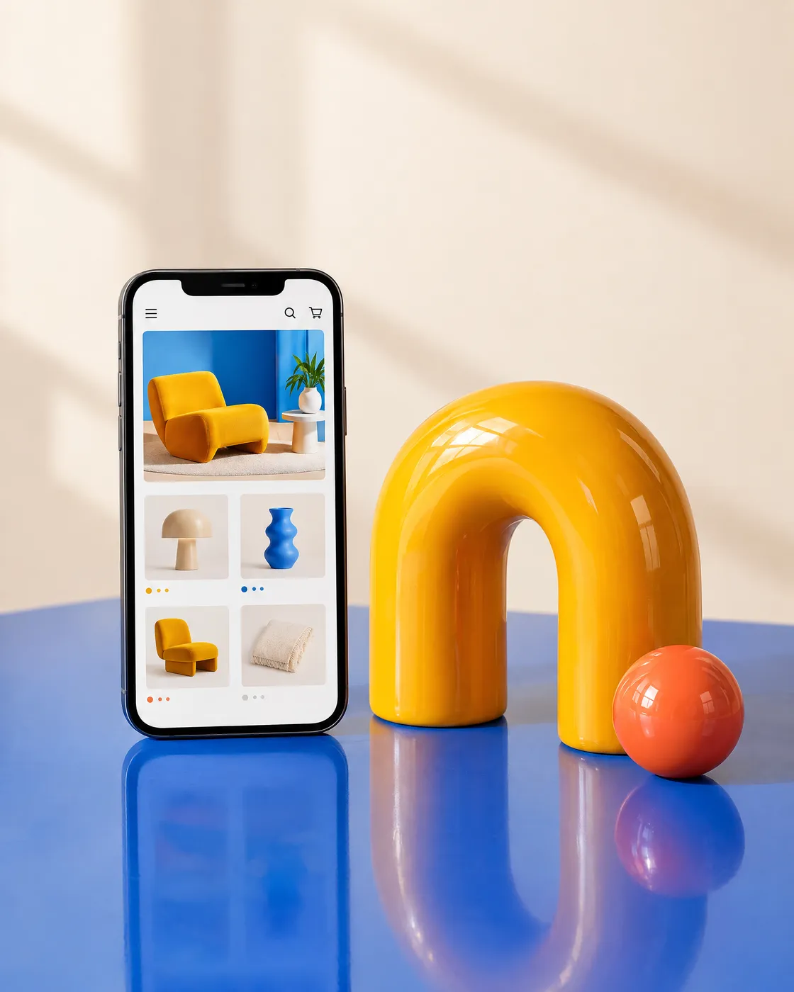 A phone showing an online store beside an amber arch