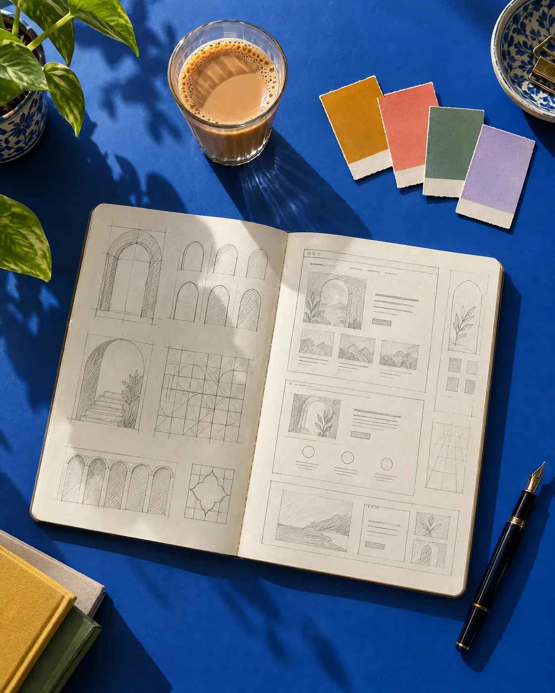 A sketchbook of arches and layouts on the blue desk