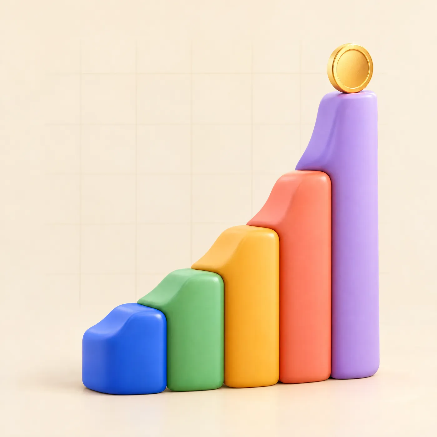 A rising bar chart in brand colours with a gold coin on top